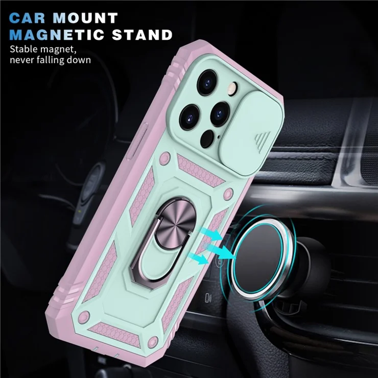 Anti-Drop Well-Protected Camera Slider Design Metal Kickstand 3-in-1 TPU + PC Phone Cover Case for iPhone 13 Pro 6.1 inch - Green/Pink