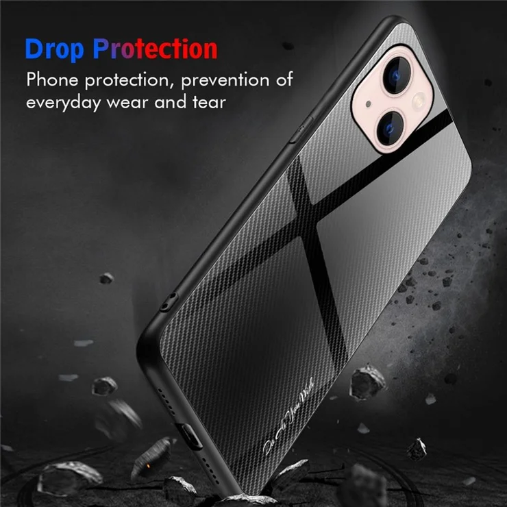 Carbon Fiber Texture Tempered Glass Back + TPU Edge Hybrid Phone Cover Case for iPhone 13 6.1 inch - Black