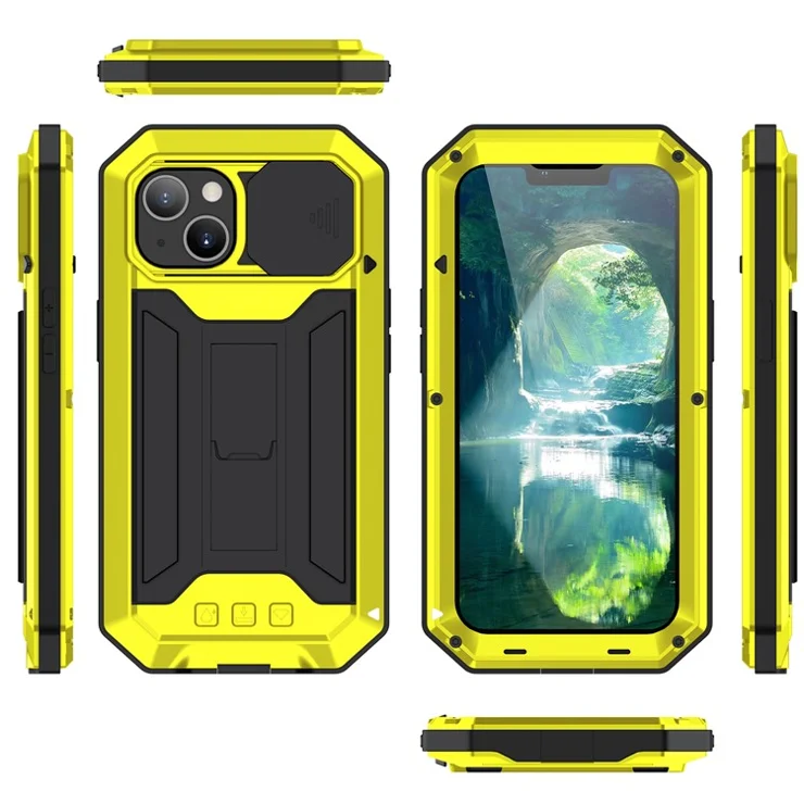 R-JUST Slide Camera Cover Shockproof PC + Silicone + Metal Hybrid Phone Case Cover with Kickstand Design for iPhone 13 6.1 inch - Yellow