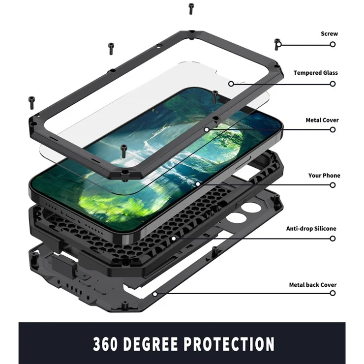 R-JUST Dustproof Dropproof Daily Waterproof Metal Frame Phone Protector Cover Kickstand Shell with Tempered Glass Screen Protector for iPhone 13 Pro Max 6.7 inch - Black