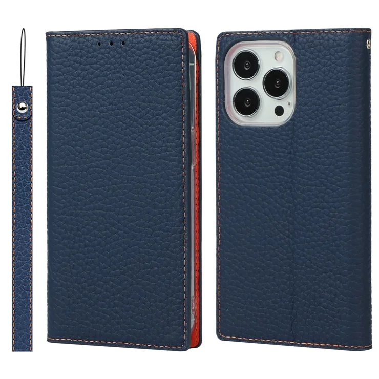 Litchi Texture Genuine Leather Cover Wallet Stand Flip Phone Case with Strap for iPhone 13 Pro 6.1 inch - Dark Blue
