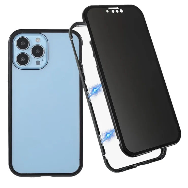 Privacy-Protected 35 Degrees Anti-Peep Shock-Proof Magnetic Metal Frame + Double-Sided Tempered Glass Phone Case for iPhone 13 Pro Max 6.7 inch - Black