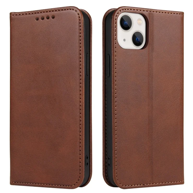 Strong Magnetic Closure Leather Wallet Stand Phone Cover Case for iPhone 13 6.1 inch - Coffee