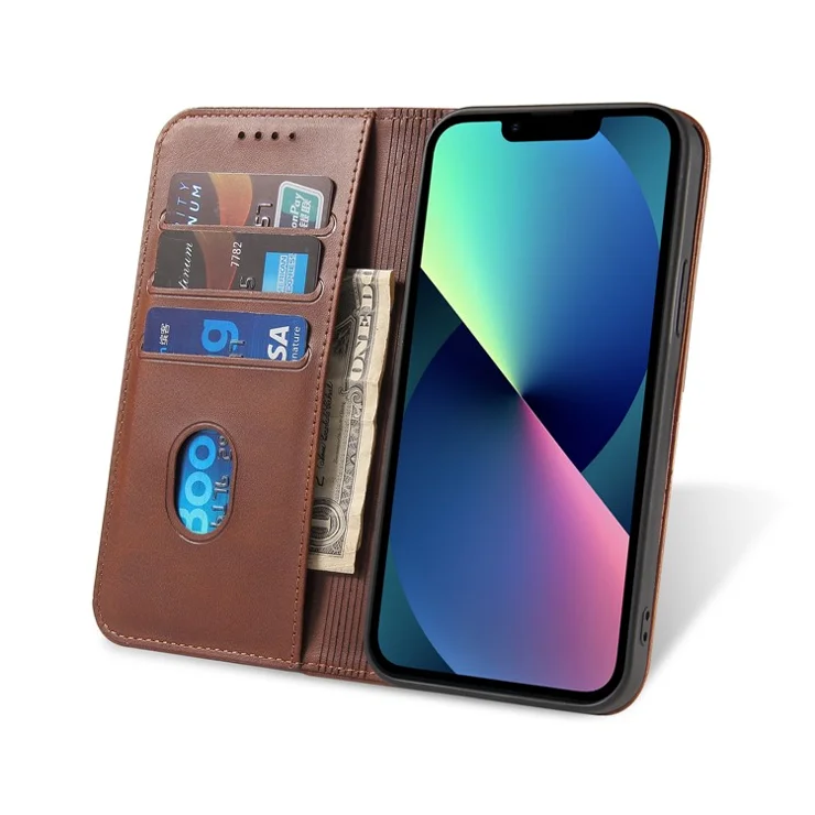 Strong Magnetic Closure Leather Wallet Stand Phone Cover Case for iPhone 13 6.1 inch - Coffee