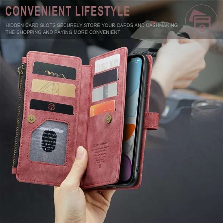 For iPhone 11 Phone Cases with Strap CASEME C30 Zipper Multiple Card Holder PU Leather Cover - Red