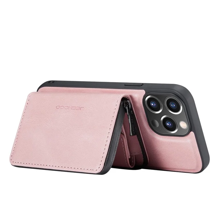 JEEHOOD Detachable 2-in-1 Magnetic Design Phone Case Kickstand Wallet Leather Coated TPU Phone Cover for iPhone 13 - Rose Gold