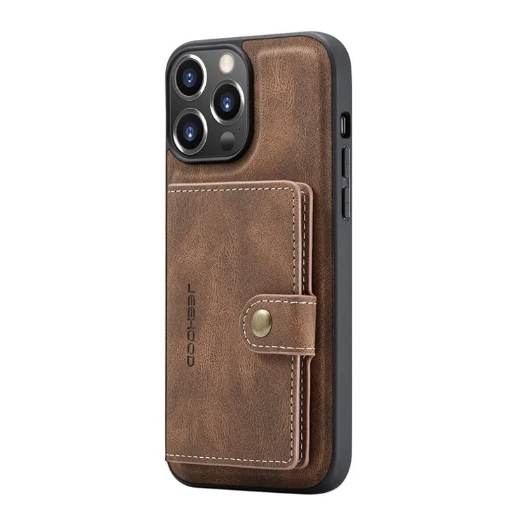 JEEHOOD Detachable 2-in-1 Phone Case Kickstand Wallet Magnetic Design Leather Coated TPU Phone Cover for iPhone 13 6.1 inch - Brown