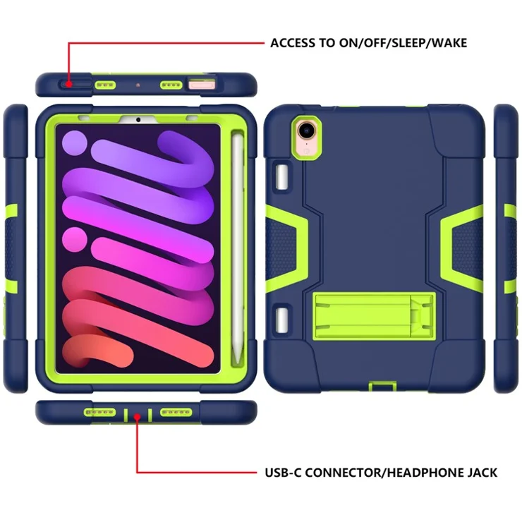 Contrast Color PC + TPU + Silicone Shockproof Tablet Case Cover with Kickstand for iPad mini (2024) / mini (2021) - Navy Blue / Yellow Green