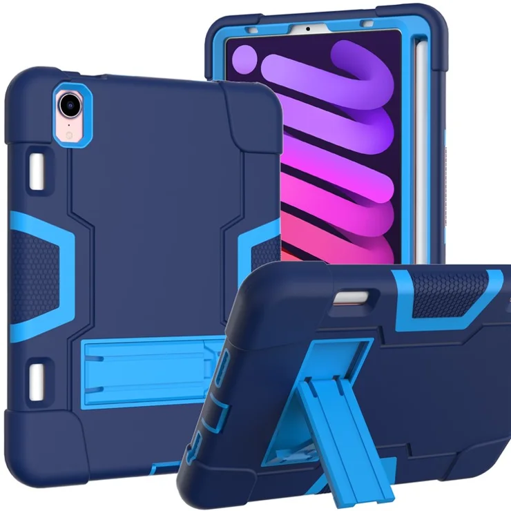 Contrast Color PC + TPU + Silicone Shockproof Tablet Case Cover with Kickstand for iPad mini (2024) / mini (2021) - Navy Blue / Blue