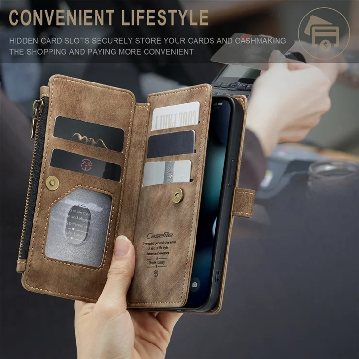 For iPhone 13 Pro Phone Cases with Strap CASEME C30 Zipper Multiple Card Holder PU Leather Cover - Brown