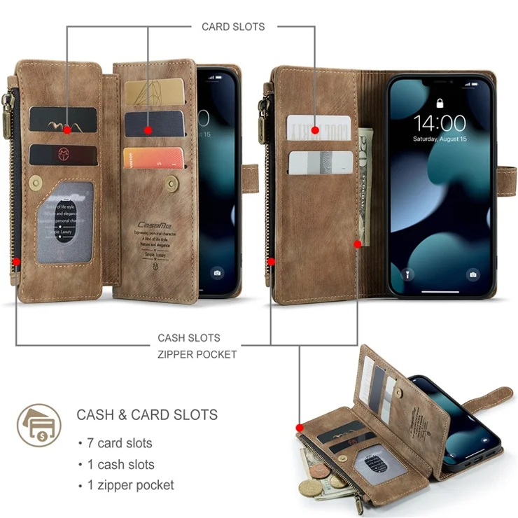 For iPhone 13 Pro Phone Cases with Strap CASEME C30 Zipper Multiple Card Holder PU Leather Cover - Brown