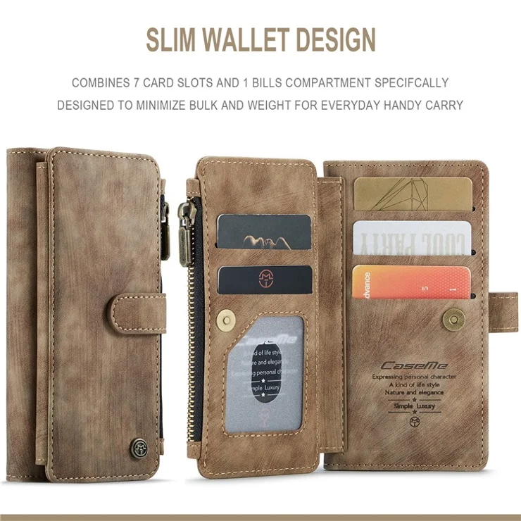 For iPhone 13 Pro Phone Cases with Strap CASEME C30 Zipper Multiple Card Holder PU Leather Cover - Brown
