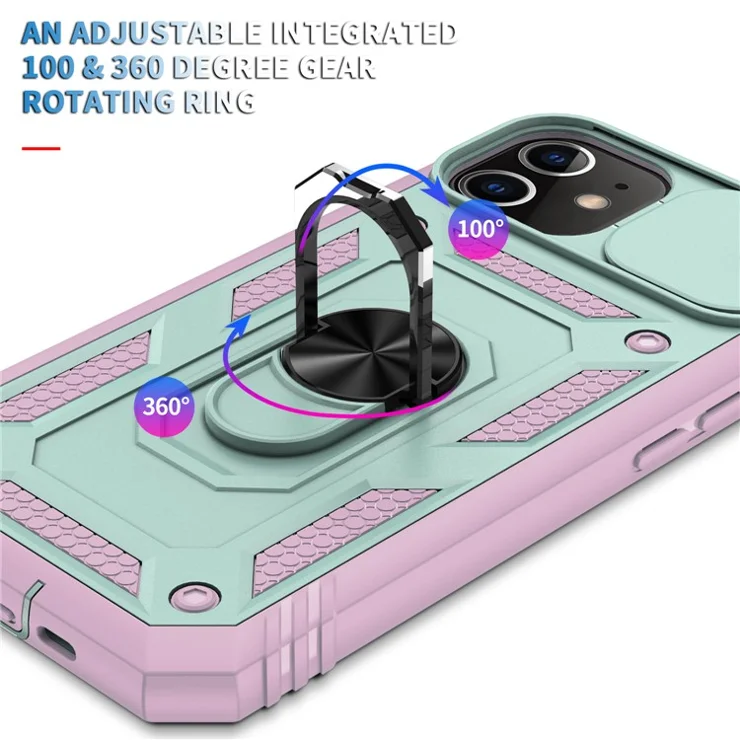 Ring Kickstand Hard PC Back + Soft TPU Impact-Resistant Bumpers Protective Case with Slide Camera Cover for iPhone 12 6.1 inch - Green/Pink