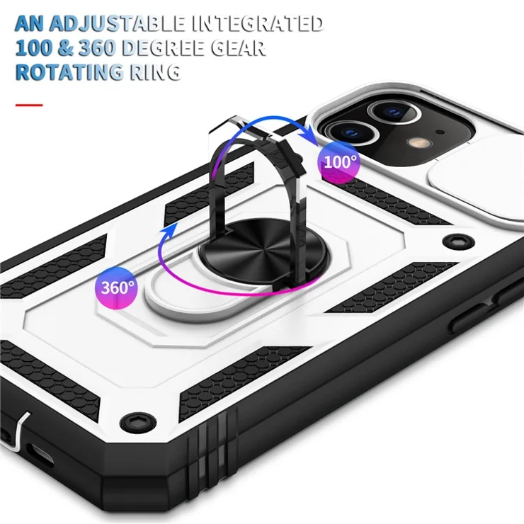 Ring Kickstand PC + TPU Impact-Resistant Bumpers Armor Protective Case with Slide Camera Lens Protection for iPhone 11 6.1 inch - White/Black