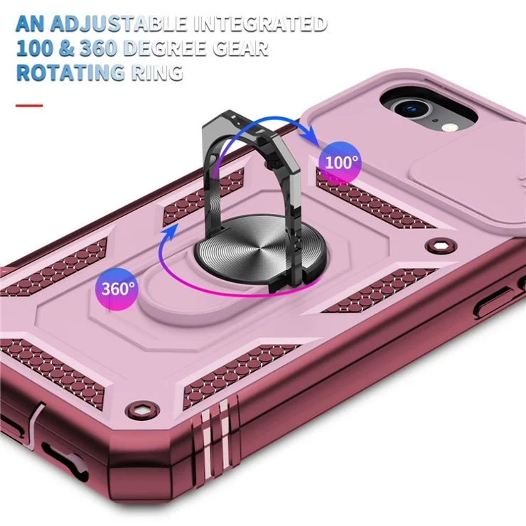 Ring Kickstand Hard PC Back + Soft TPU Edge Protective Shockproof Case with Camera Cover for iPhone 6 / SE (2022)/SE (2020)/8/7 - Pink/Dark Red