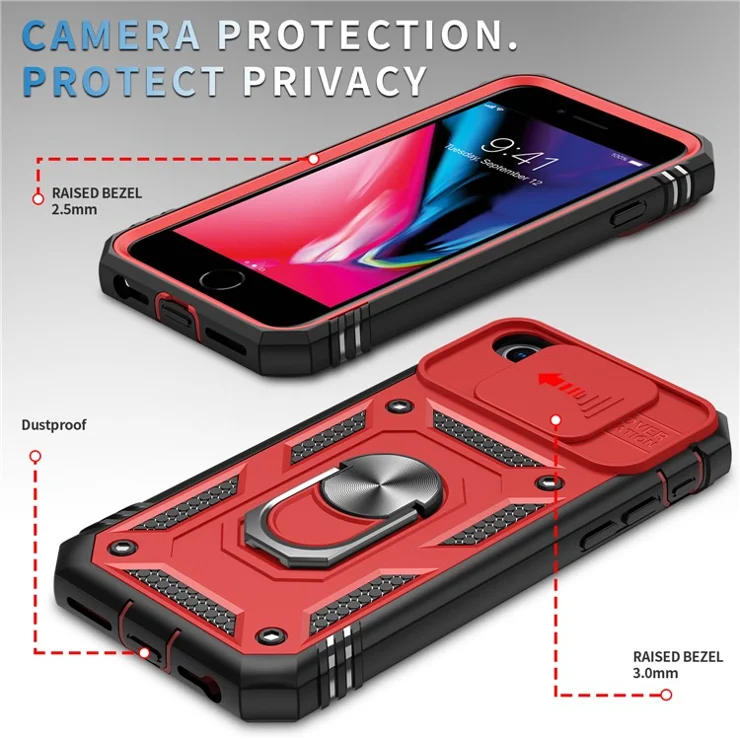 Ring Kickstand Hard PC Back + Soft TPU Edge Protective Shockproof Case with Camera Cover for iPhone 6 / SE (2022)/SE (2020)/8/7 - Red/Black