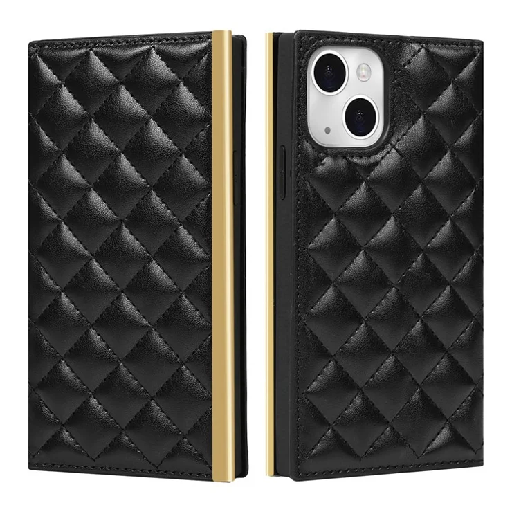 Grid Texture Folio Flip Wallet Stand Leather Phone Cover Case Handbag with Mirror Design for iPhone 13 6.1 inch - Black