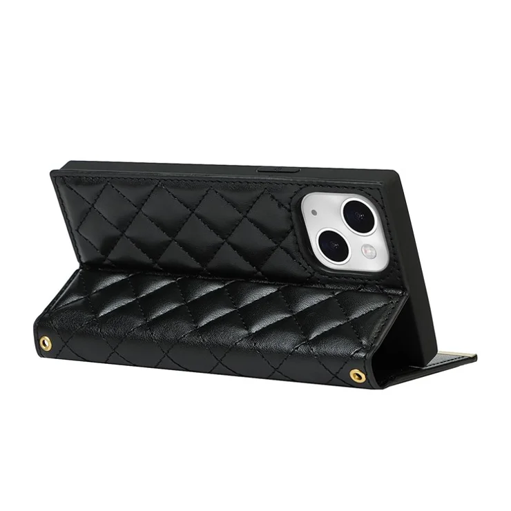 For iPhone 13 mini 5.4 inch Phone Case Grid Texture Phone Bag Leather Hand Bag with Makeup Mirror - Black