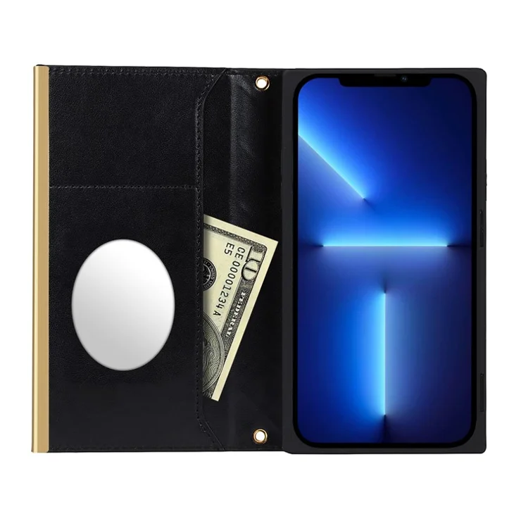 For iPhone 13 mini 5.4 inch Phone Case Grid Texture Phone Bag Leather Hand Bag with Makeup Mirror - Black