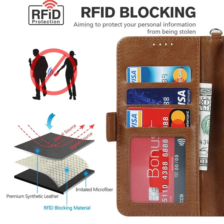Retro Style Phone Shell Case RFID Blocking Magnetic Closure Wallet Phone Cover for iPhone 13 mini 5.4 inch - Brown
