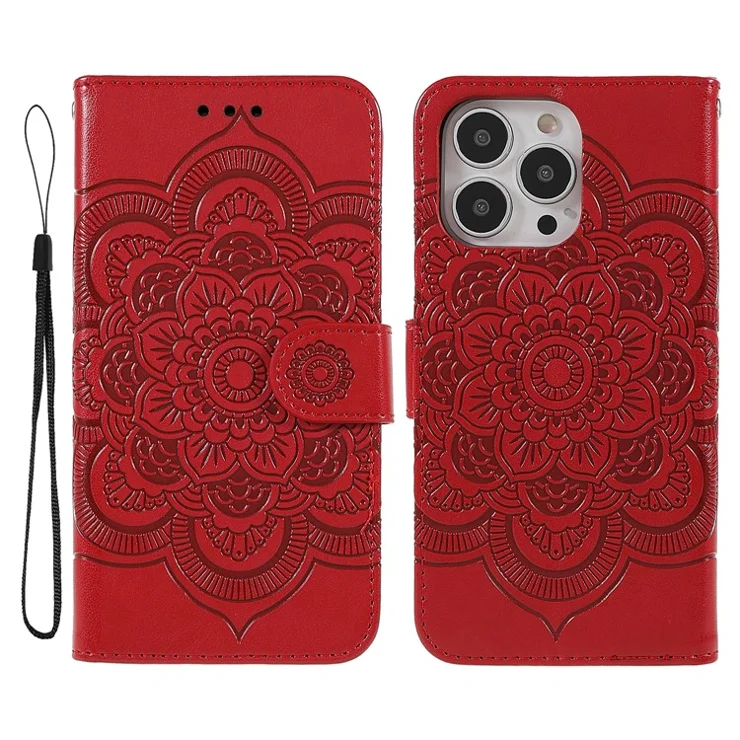 Imprinting Mandala Flower Protective Leather Phone Cover Case with Stand Wallet for iPhone 13 Pro 6.1 inch - Red