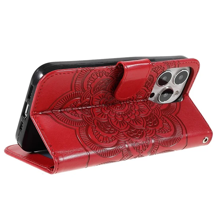 Imprinting Mandala Flower Protective Leather Phone Cover Case with Stand Wallet for iPhone 13 Pro 6.1 inch - Red