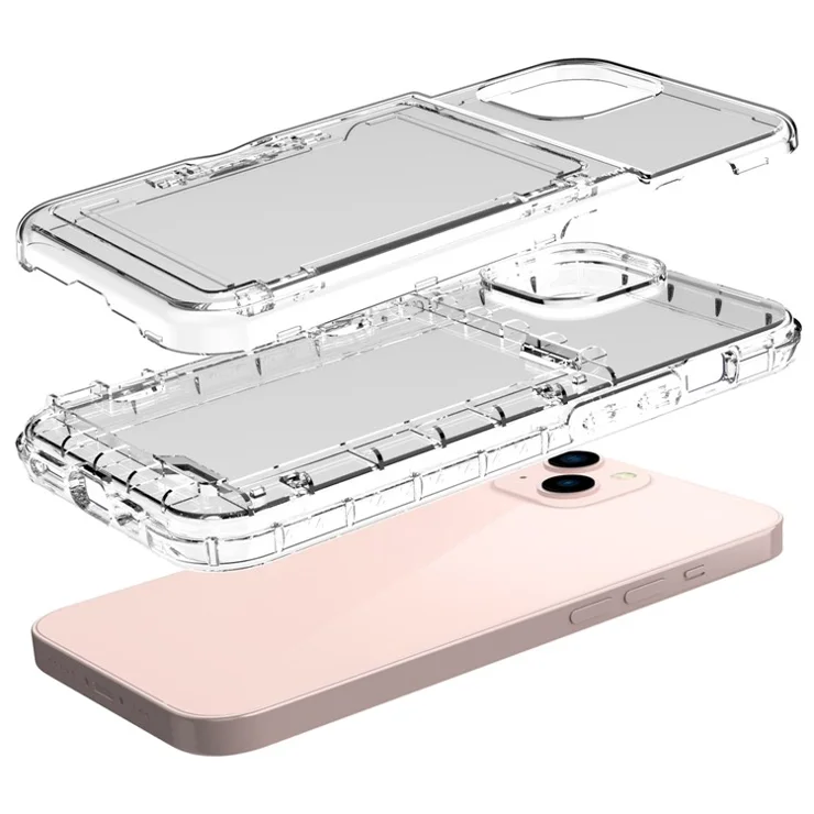 Acrylic+TPU Hybrid Case Protective Cover with Card Holder and Hidden Mirror for iPhone 13 6.1 inch - Transparent