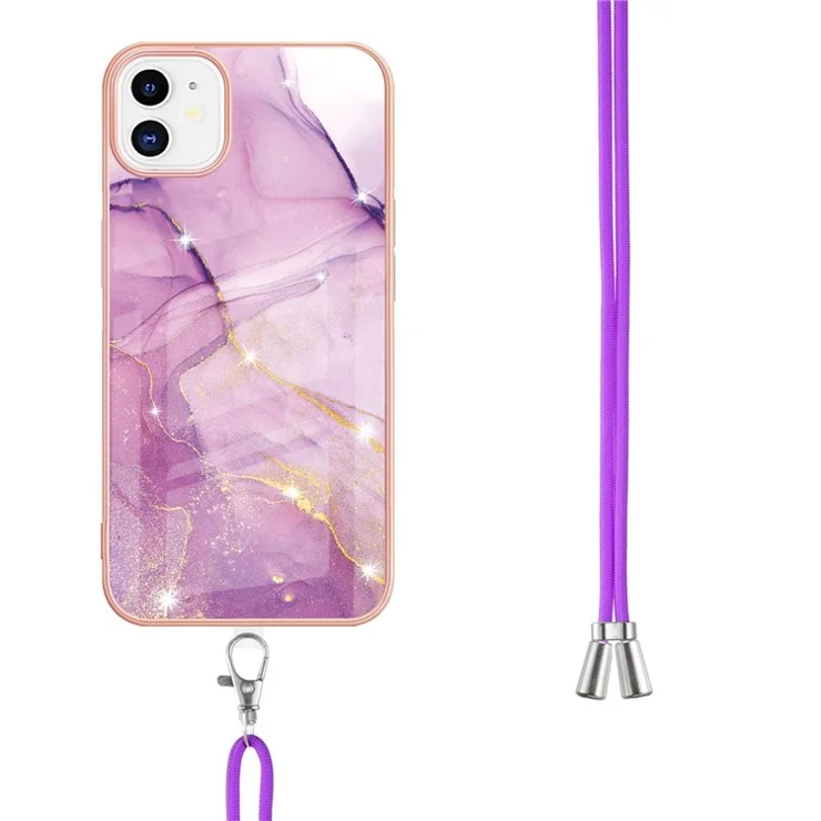 IML IMD Marble Pattern Electroplating Frame TPU Cover Cellphone Back Guard Case with Lanyard for iPhone 11 6.1 inch - Purple 001