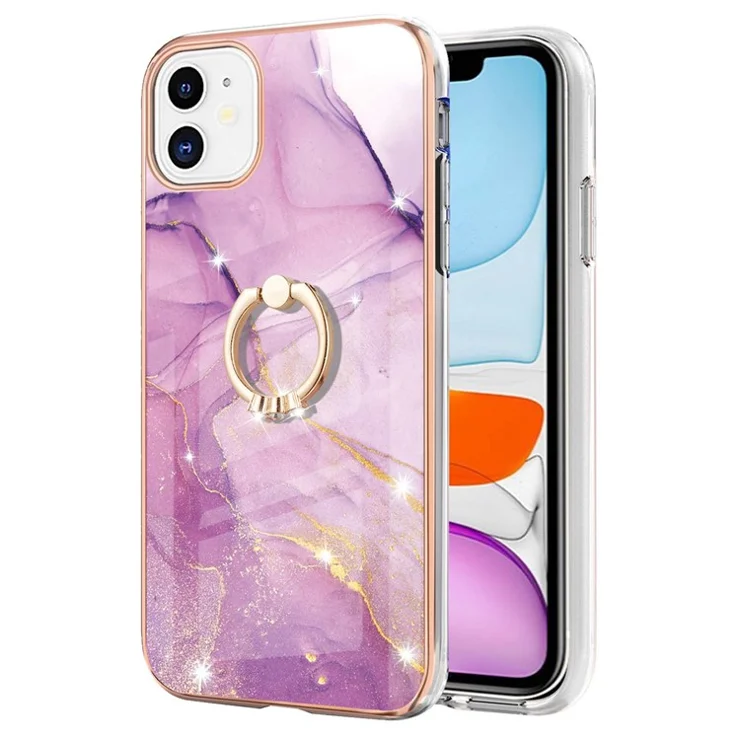 Kickstand Design Electroplating Flexible TPU Cover IML IMD Marble Pattern Phone Case for iPhone 11 6.1 inch - Purple 001