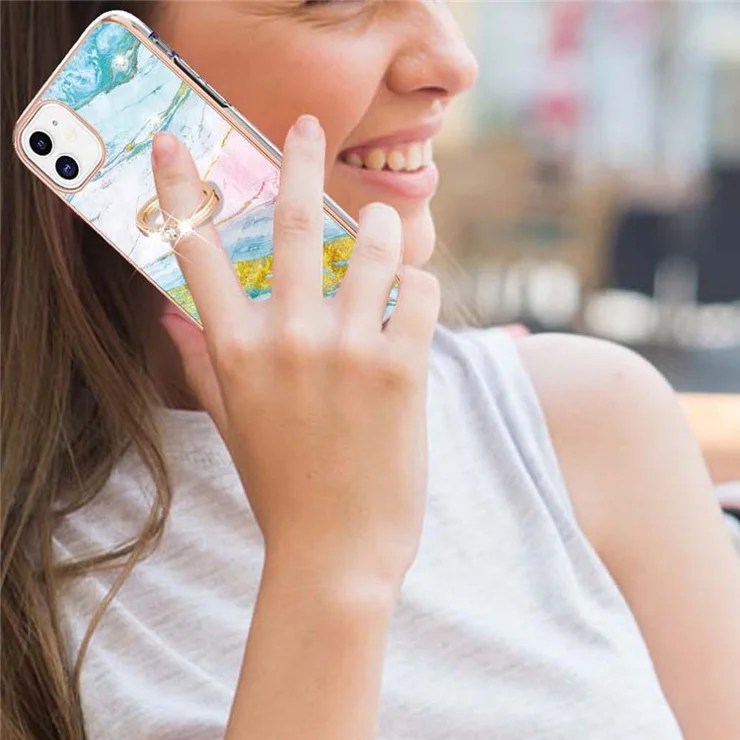 Kickstand Design Electroplating Flexible TPU Cover IML IMD Marble Pattern Phone Case for iPhone 11 6.1 inch - Green 004