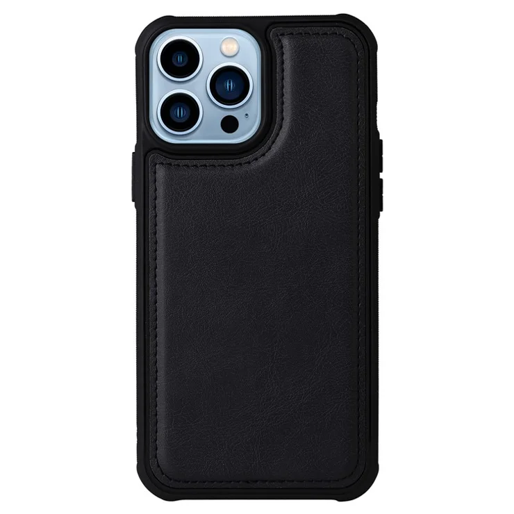 For iPhone 13 Pro Magnetic Leather Case Mobile Cover with Detachable Zipper Wallet Strap - Black