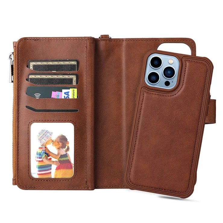 For iPhone 13 Pro Magnetic Leather Case Mobile Cover with Detachable Zipper Wallet Strap - Brown