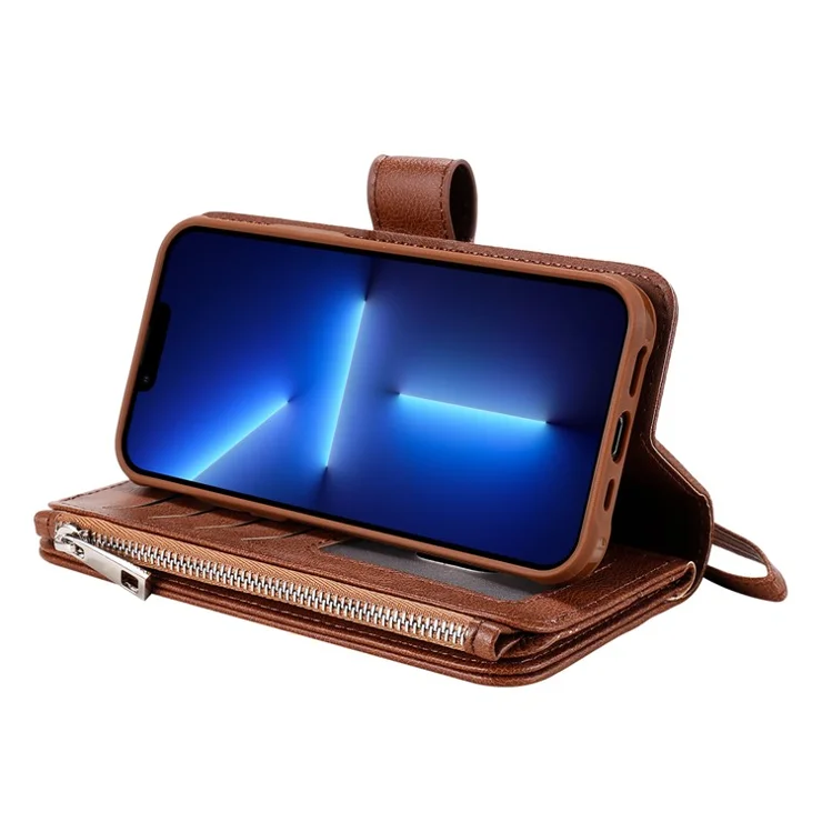 For iPhone 13 Pro Magnetic Leather Case Mobile Cover with Detachable Zipper Wallet Strap - Brown