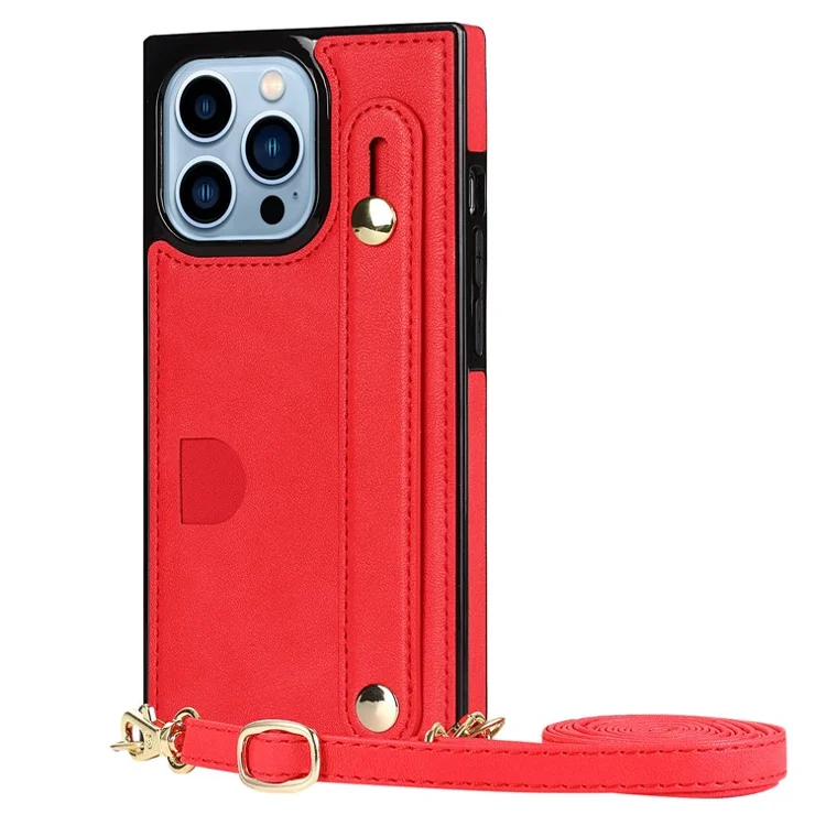 Anti-fingerprint Quality PU Leather and TPU Cover Practical Kickstand Card Slot Design Phone Case with Strap for iPhone 13 Pro Max 6.7 inch - Red