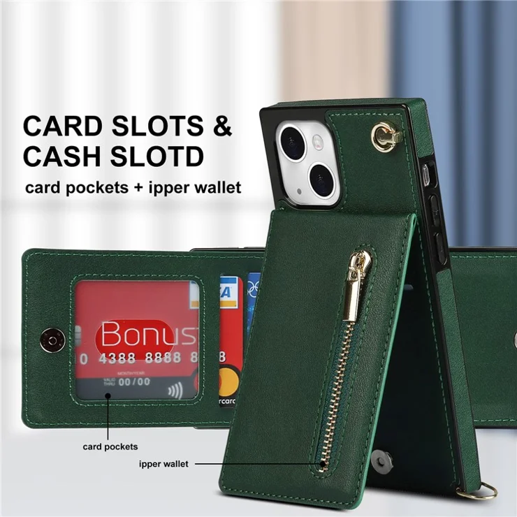 Kickstand Design PU Leather Phone Cover Anti-scratch Card Slots Zippered Wallet Pouch with Shoulder Strap for iPhone 13 mini 5.4 inch - Green