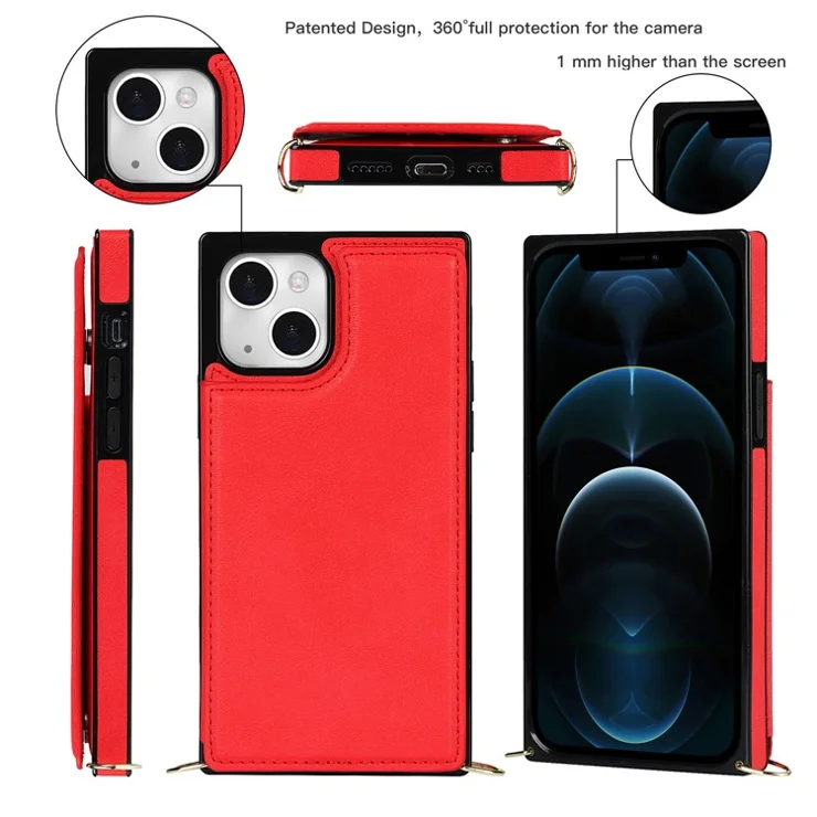 Practical Kickstand RFID Blocking Phone Case Anti-theft Swiping Protective Cover with Card Holder for iPhone 13 6.1 inch - Red