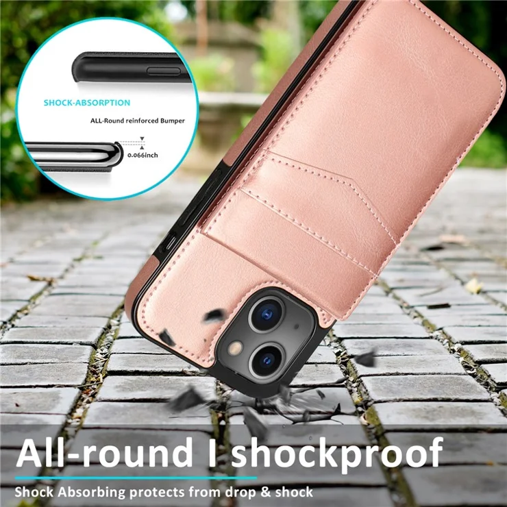 Card Holder Design PU Leather + TPU Solid Color Well-Protected Phone Case Kickstand Cover for iPhone 13 6.1 inch - Red