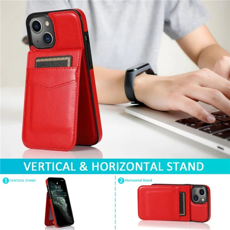 Card Holder Design PU Leather + TPU Solid Color Well-Protected Phone Case Kickstand Cover for iPhone 13 6.1 inch - Red