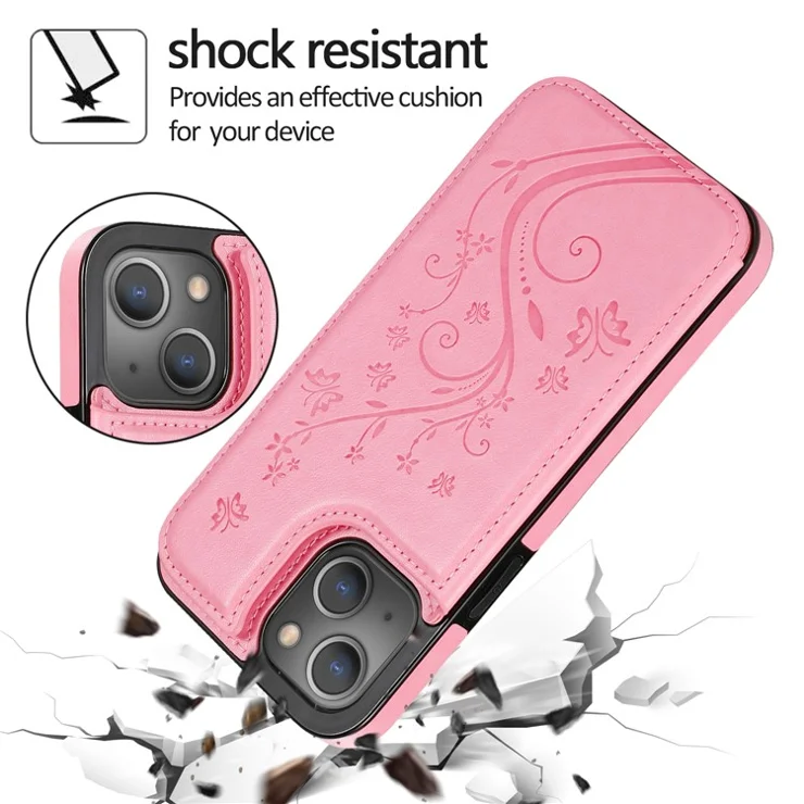 Kickstand Card Holder Imprinted Flower Scratch-resistant PU Leather Coated TPU Protective Case Phone Cover for iPhone 13 mini 5.4 inch - Gold