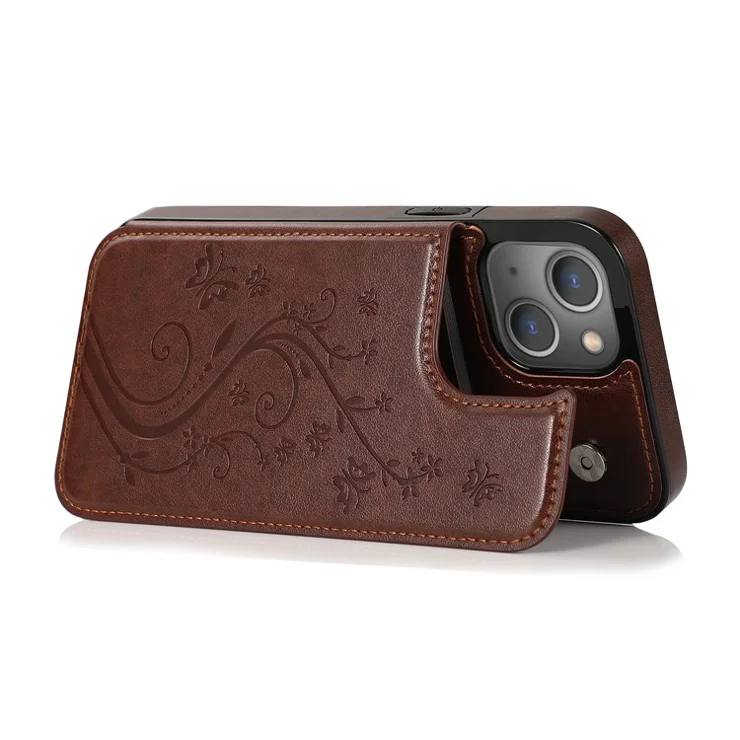 Kickstand Card Holder Imprinted Flower Scratch-resistant PU Leather Coated TPU Protective Case Phone Cover for iPhone 13 mini 5.4 inch - Brown