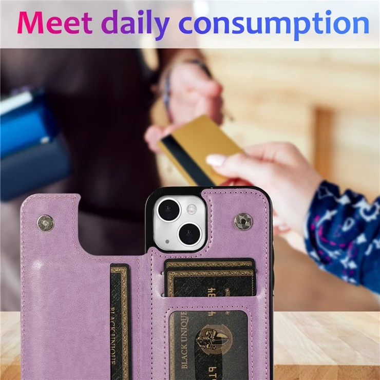 Double Magnetic Buttons PU Leather + TPU Phone Case Imprinted Mandala Flower Kickstand Card Holder Scratch-resistant Phone Cover for iPhone 13 6.1 inch - Purple