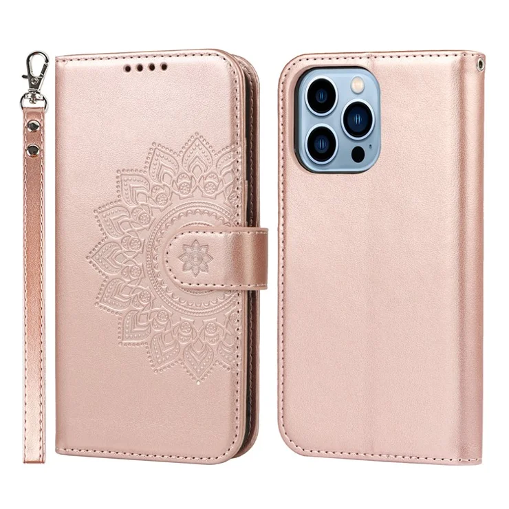 R61 Texture Pattern Imprinting Felled Seam Design Anti-drop PU Leather Wallet Phone Cover Shell for iPhone 13 Pro 6.1 inch - Rose Gold