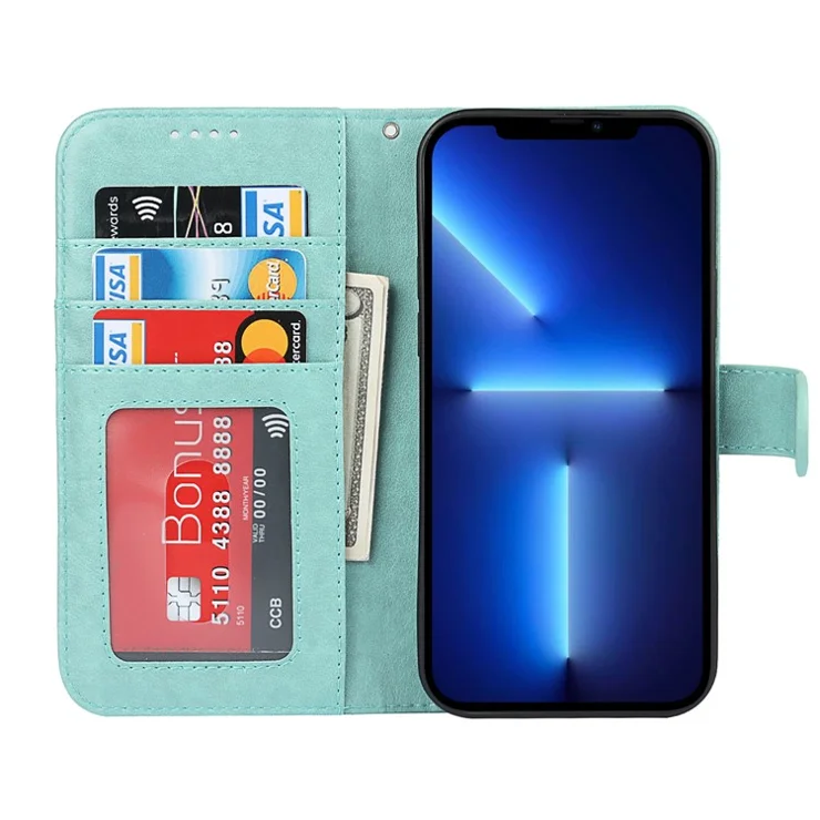 R61 Texture Pattern Imprinting Felled Seam Design Anti-drop PU Leather Wallet Phone Cover Shell for iPhone 13 Pro 6.1 inch - Light Green