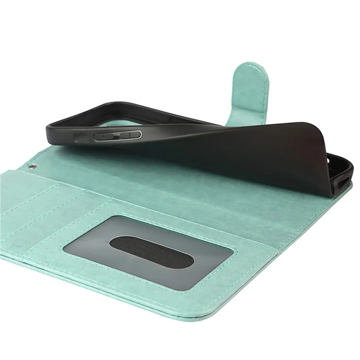 R61 Texture Pattern Imprinting Felled Seam Design Anti-drop PU Leather Wallet Phone Cover Shell for iPhone 13 Pro 6.1 inch - Light Green