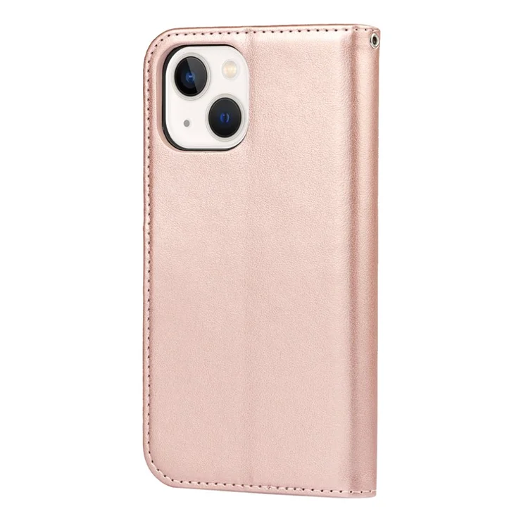 R61 Texture Felled Seam Phone Case Dual-sided Magnetic Clasp PU Leather Wallet Cover with Stand for iPhone 13 6.1 inch - Rose Gold