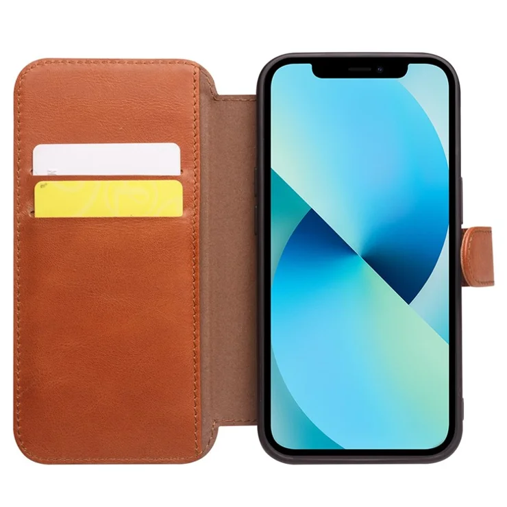 QIALINO Genuine Cowhide Leather Wallet Protective Phone Case Cover for iPhone 13 mini 5.4 inch - Brown