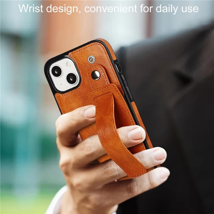 Hand Strap Kickstand Card Slot Design RFID Blocking Function PU Leather Coated TPU Phone Case for iPhone 13 mini 5.4 inch - Khaki