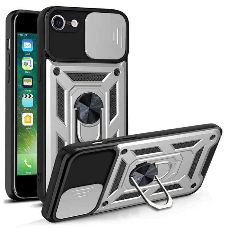 Camera Slide Cover Ring Holder Kickstand Design PC + TPU Drop-proof Phone Cover Case for iPhone SE (2022)/SE (2020)/8/7 - Silver