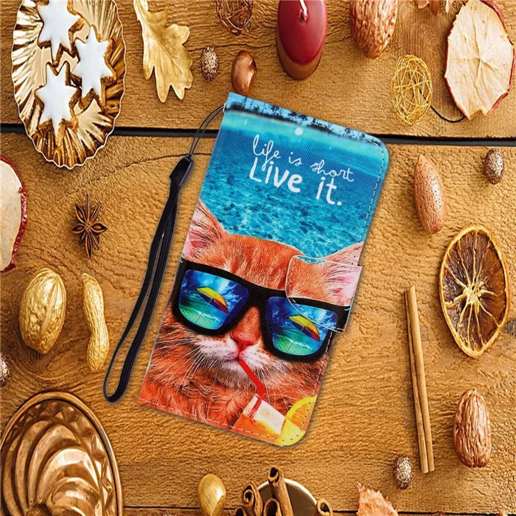 Stylish Pattern Printing PU Leather Wallet Case Magnetic Flip Stand Folio Cover with Strap for iPhone SE (2022)/SE (2020)/8/7 - Glasses Cat