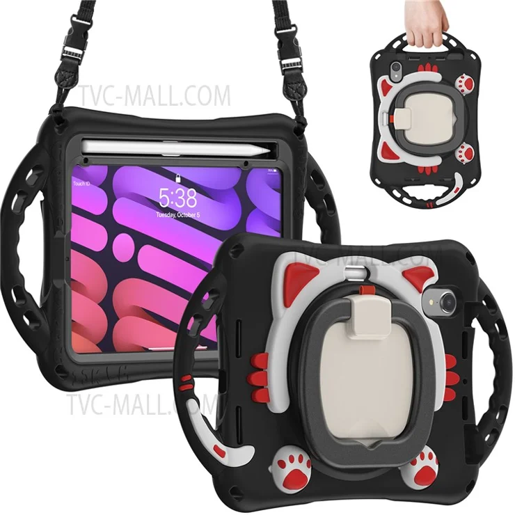 Silicone + PC Tablet Cover with Shoulder Strap 360-Degree Rotary Kickstand Anti-Drop and Anti-Impact Tablet Protective Case for iPad mini (2021) - Black